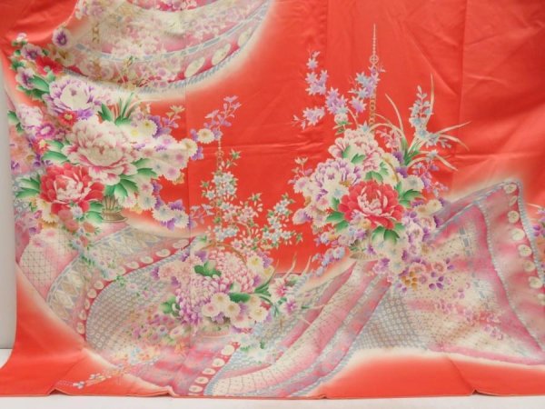 Photo5: 5806T13z1130 Vintage Japanese Kimono Silk FURISODE Flowers Dark salmon (5)