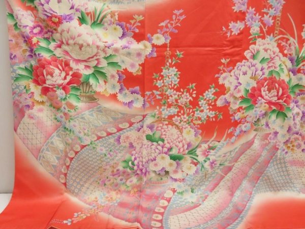 Photo6: 5806T13z1130 Vintage Japanese Kimono Silk FURISODE Flowers Dark salmon (6)