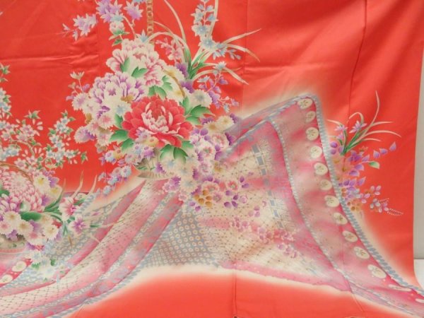 Photo7: 5806T13z1130 Vintage Japanese Kimono Silk FURISODE Flowers Dark salmon (7)