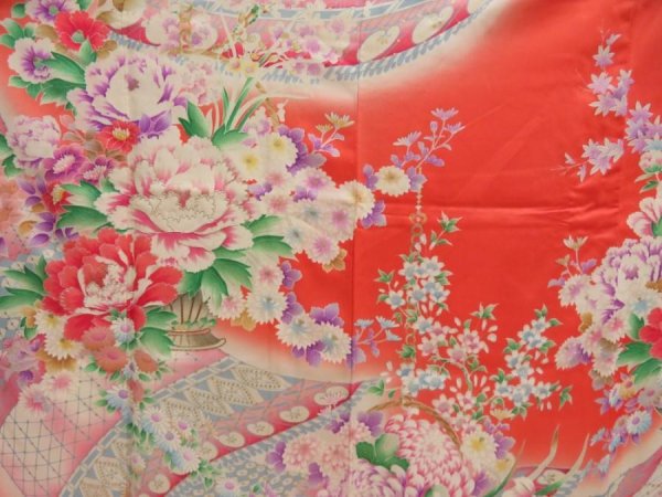 Photo8: 5806T13z1130 Vintage Japanese Kimono Silk FURISODE Flowers Dark salmon (8)