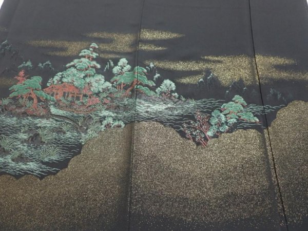 Photo1: 1G01z250  Japanese Kimono Silk  FABRIC Scenery Black 61.0x28.3 (1)