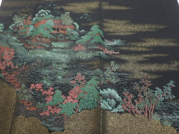 Photo1: 1G02z270  Japanese Kimono Silk  FABRIC Scenery Black 61.4x28.3 (1)