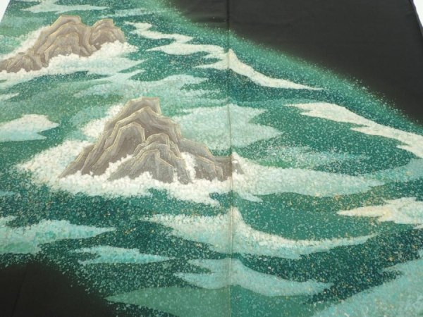 Photo1: 1G01z250  Japanese Kimono Silk  FABRIC Wave Black 60.6x29.5 (1)
