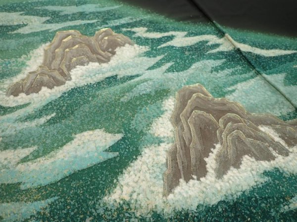 Photo3: 1G01z250  Japanese Kimono Silk  FABRIC Wave Black 60.6x29.5 (3)