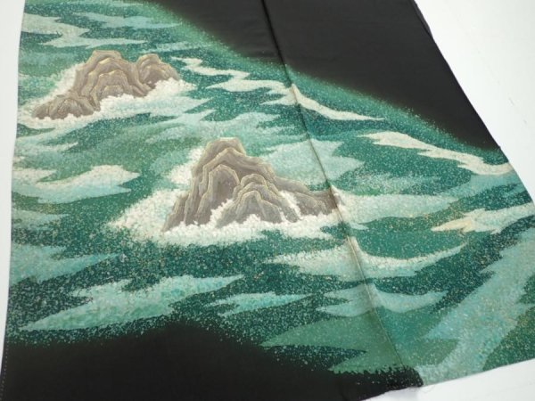 Photo4: 1G01z250  Japanese Kimono Silk  FABRIC Wave Black 60.6x29.5 (4)