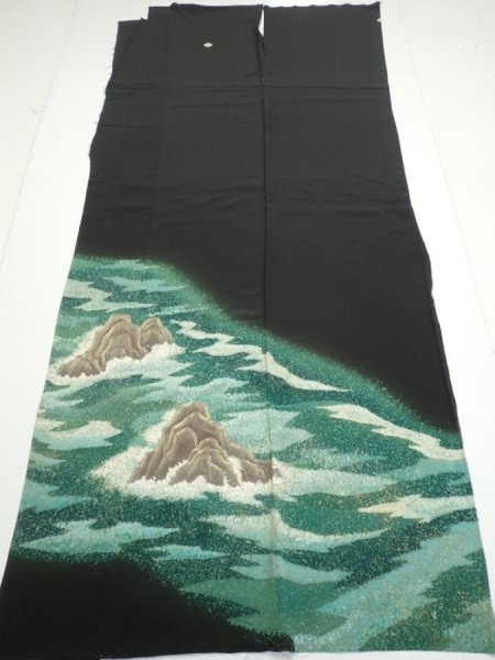 Photo7: 1G01z250  Japanese Kimono Silk  FABRIC Wave Black 60.6x29.5 (7)
