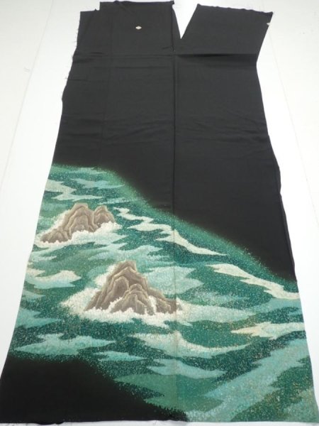 Photo8: 1G01z250  Japanese Kimono Silk  FABRIC Wave Black 60.6x29.5 (8)