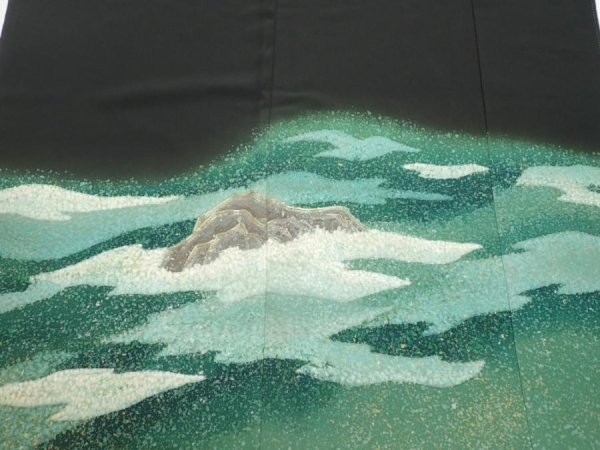 Photo1: 1G02z250  Japanese Kimono Silk  FABRIC Wave Black 61.0x30.3 (1)
