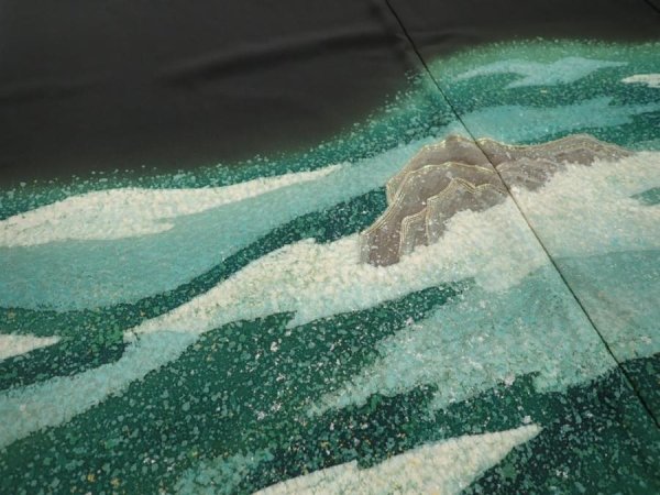 Photo3: 1G02z250  Japanese Kimono Silk  FABRIC Wave Black 61.0x30.3 (3)