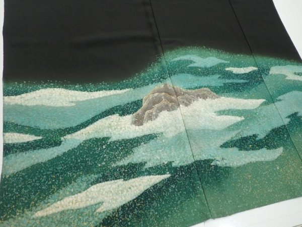 Photo4: 1G02z250  Japanese Kimono Silk  FABRIC Wave Black 61.0x30.3 (4)