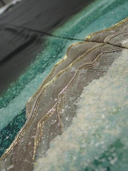 Photo6: 1G02z250  Japanese Kimono Silk  FABRIC Wave Black 61.0x30.3 (6)