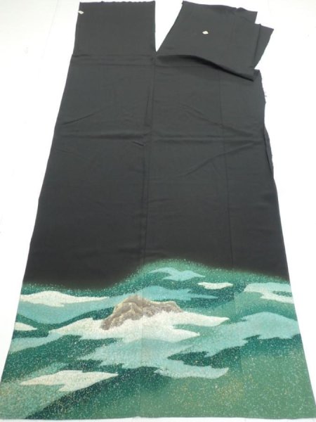 Photo8: 1G02z250  Japanese Kimono Silk  FABRIC Wave Black 61.0x30.3 (8)