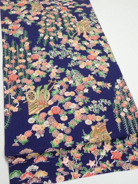 Photo2: 1G01z70  Japanese Kimono Silk  FABRIC Flowers Navy 48.0x14.2 (2)