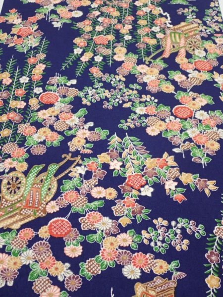 Photo1: 1G02z70  Japanese Kimono Silk  FABRIC Flowers Navy 47.2x14.2 (1)