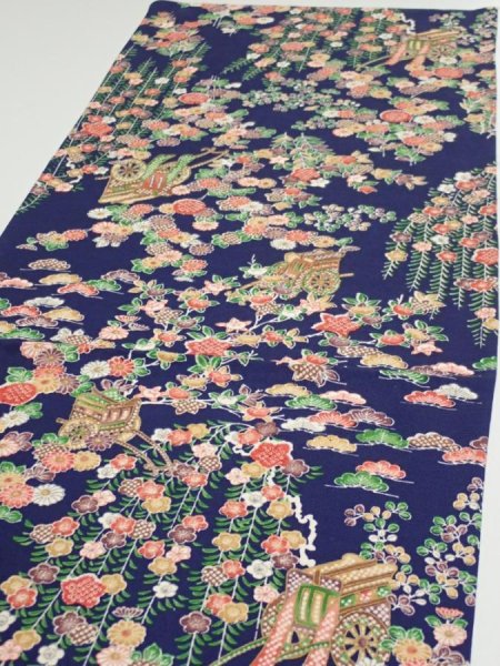 Photo3: 1G02z70  Japanese Kimono Silk  FABRIC Flowers Navy 47.2x14.2 (3)