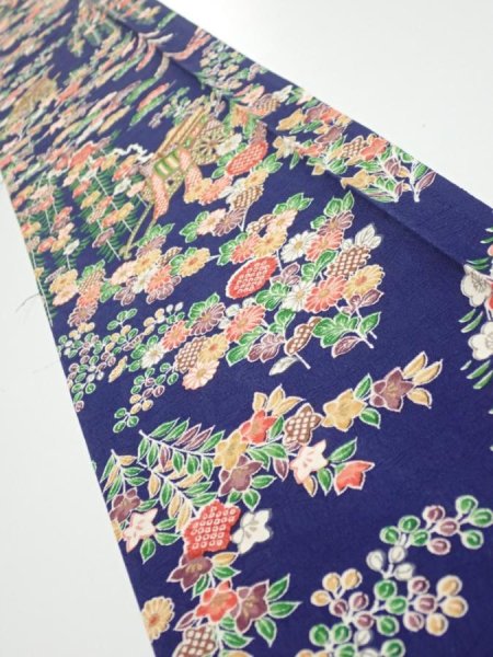Photo1: 1G07z50  Japanese Kimono Silk  FABRIC Flowers Navy 60.6x7.7 (1)