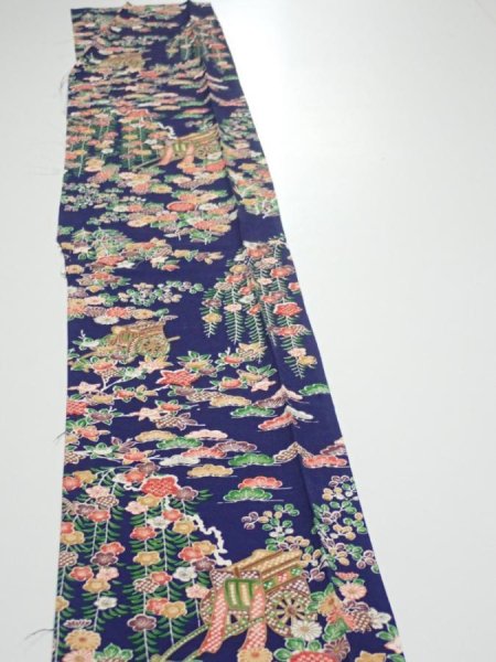 Photo3: 1G07z50  Japanese Kimono Silk  FABRIC Flowers Navy 60.6x7.7 (3)