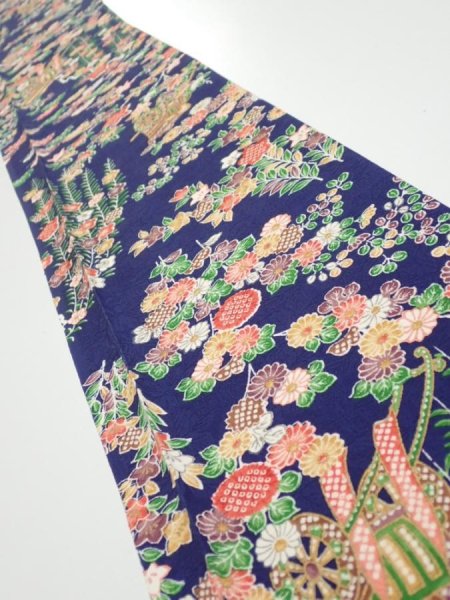 Photo1: 1G08z50  Japanese Kimono Silk  FABRIC Flowers Navy 60.6x7.5 (1)