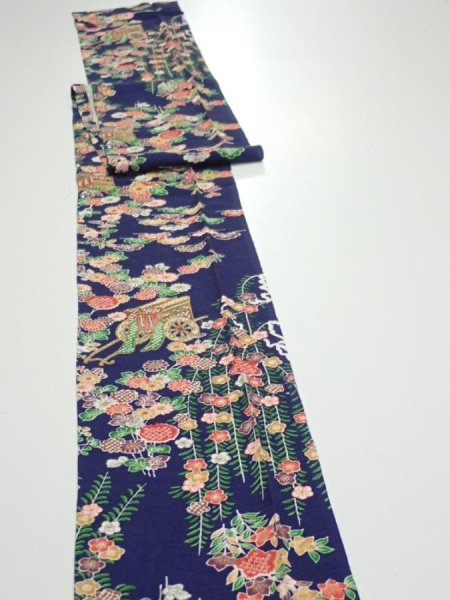 Photo3: 1G09z50  Japanese Kimono Silk  FABRIC Flowers Navy 81.9x6.5 (3)