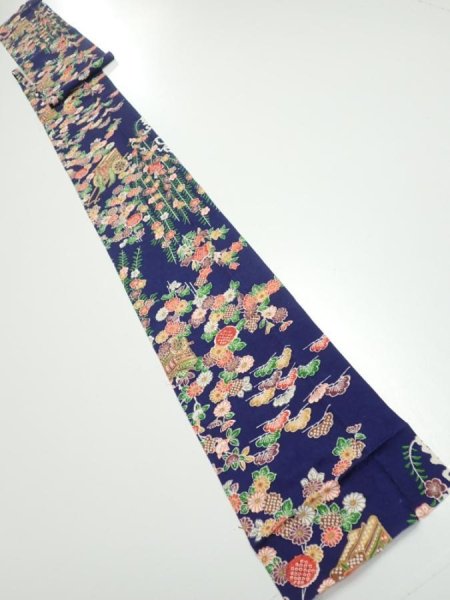 Photo5: 1G09z50  Japanese Kimono Silk  FABRIC Flowers Navy 81.9x6.5 (5)