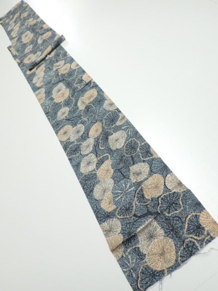 Photo5: 1G09z60  Japanese Kimono Silk  FABRIC Plum branch Blue-Gray 81.9x7.5 (5)