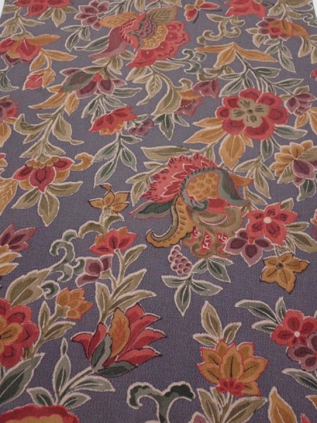 Photo1: 1G01z70  Japanese Kimono Crepe Silk  FABRIC Flowers Purple-Gray 42.9x14.0 (1)