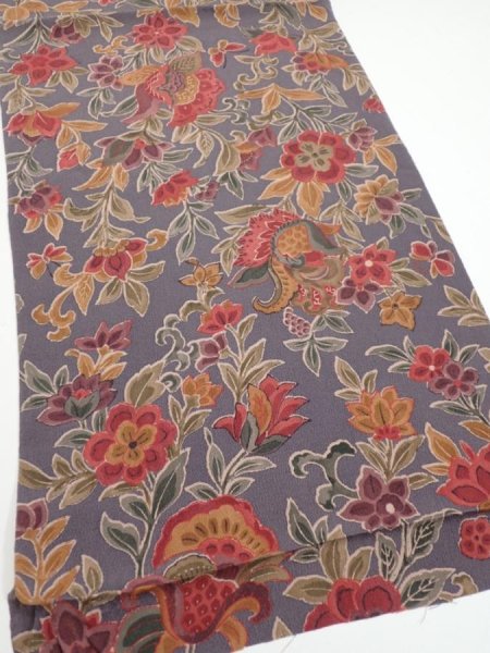 Photo2: 1G02z70  Japanese Kimono Crepe Silk  FABRIC Flowers Purple-Gray 42.9x14.0 (2)