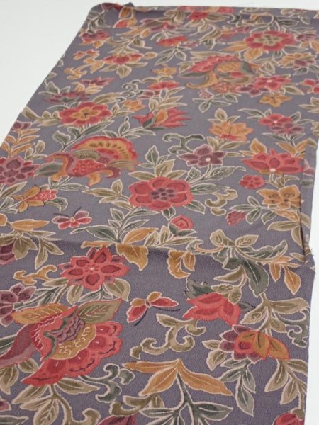 Photo3: 1G02z70  Japanese Kimono Crepe Silk  FABRIC Flowers Purple-Gray 42.9x14.0 (3)