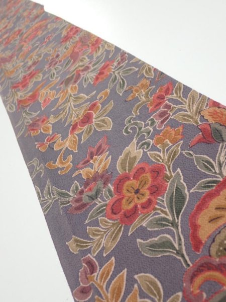 Photo1: 1G07z50  Japanese Kimono Crepe Silk  FABRIC Flowers Purple-Gray 59.8x7.5 (1)