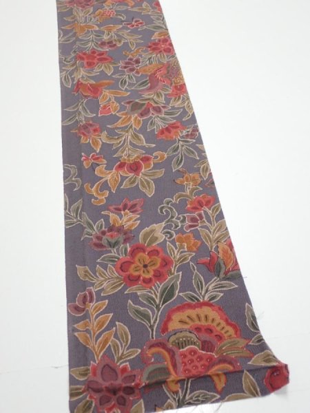 Photo2: 1G08z50  Japanese Kimono Crepe Silk  FABRIC Flowers Purple-Gray 59.8x7.5 (2)