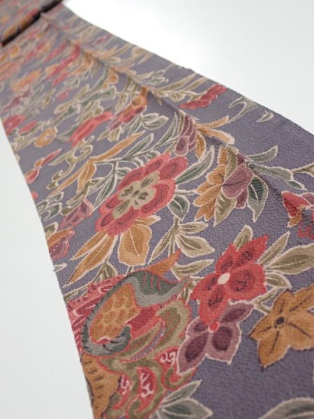 Photo1: 1G09z60  Japanese Kimono Crepe Silk  FABRIC Flowers Purple-Gray 86.2x6.5 (1)