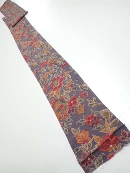 Photo5: 1G09z60  Japanese Kimono Crepe Silk  FABRIC Flowers Purple-Gray 86.2x6.5 (5)