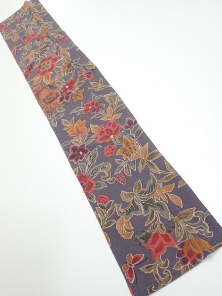 Photo1: 1G10z30  Japanese Kimono Crepe Silk  FABRIC Flowers Purple-Gray 34.3x6.5 (1)
