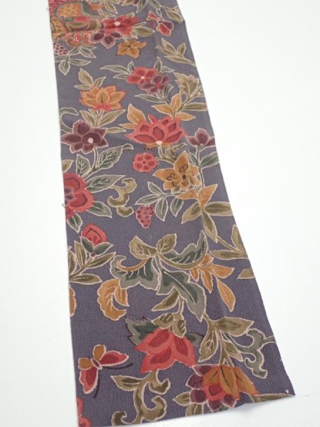 Photo3: 1G10z30  Japanese Kimono Crepe Silk  FABRIC Flowers Purple-Gray 34.3x6.5 (3)