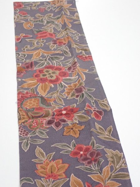 Photo4: 1G10z30  Japanese Kimono Crepe Silk  FABRIC Flowers Purple-Gray 34.3x6.5 (4)