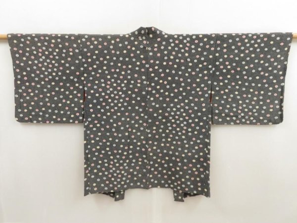 Photo1: 5810T01z490 Vintage Japanese Kimono Silk HAORI Flower Black (1)