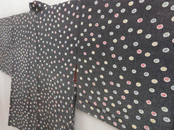 Photo2: 5810T01z490 Vintage Japanese Kimono Silk HAORI Flower Black (2)
