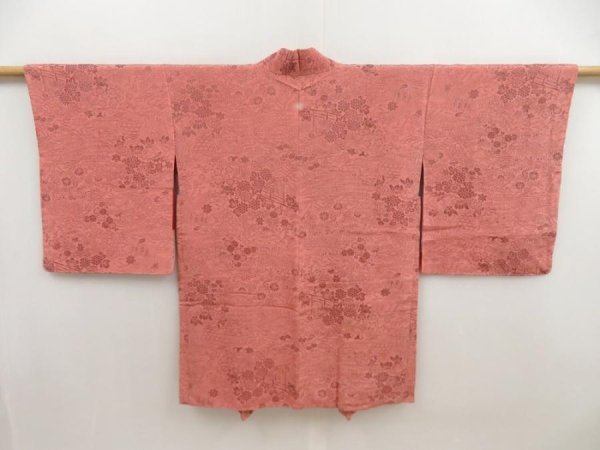 Photo1: 5810T02z630 Vintage Japanese Kimono Silk HAORI Flowers Coral pink (1)