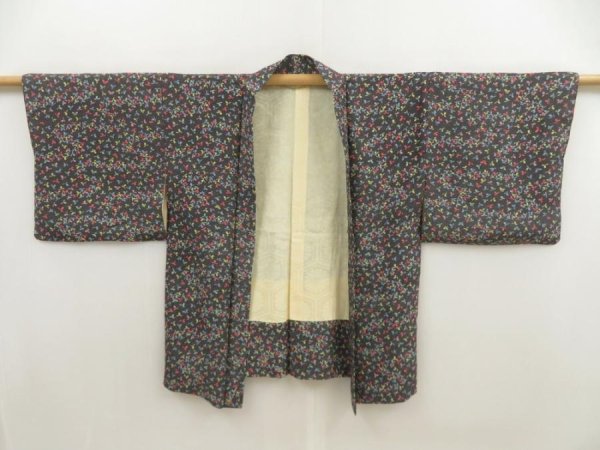 Photo5: 5810T04z370 Vintage Japanese Kimono Silk HAORI  Black (5)