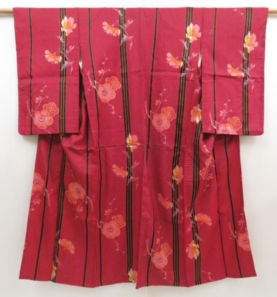 Photo1: 5810T11z740 Vintage Japanese Kimono Silk TSUMUGI Plum blossom Red-Pink (1)