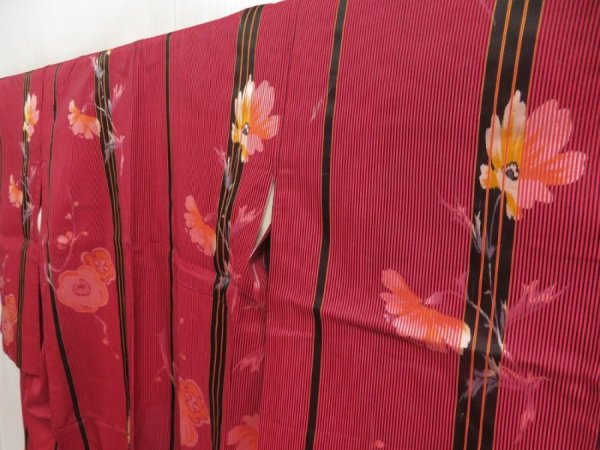 Photo2: 5810T11z740 Vintage Japanese Kimono Silk TSUMUGI Plum blossom Red-Pink (2)