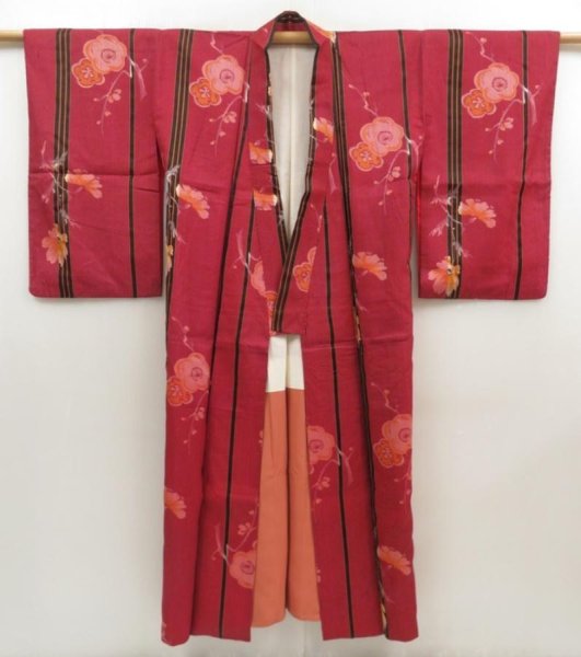 Photo6: 5810T11z740 Vintage Japanese Kimono Silk TSUMUGI Plum blossom Red-Pink (6)
