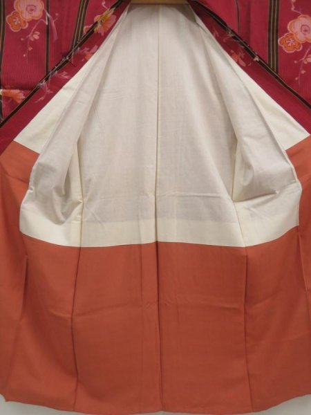 Photo7: 5810T11z740 Vintage Japanese Kimono Silk TSUMUGI Plum blossom Red-Pink (7)