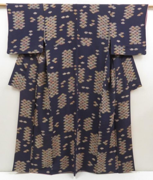 Photo1: 5810T12z970 Vintage Japanese Kimono Silk KOMON Butterfly Navy (1)