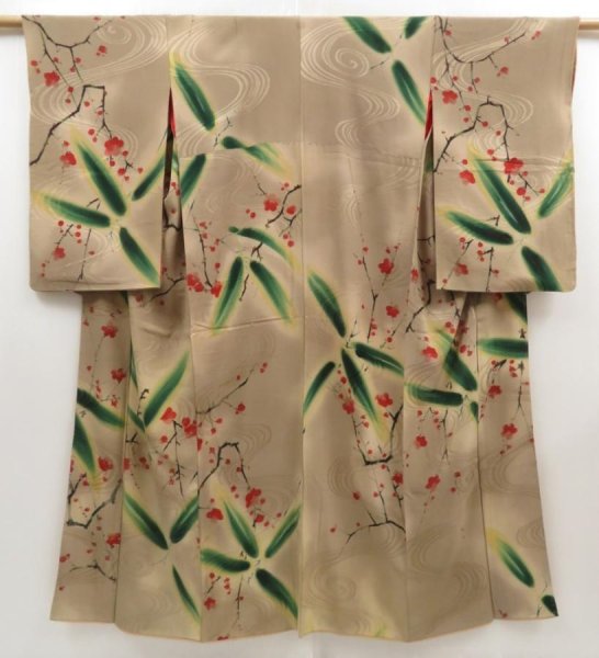 Photo1: 5810T13z680 Antique Japanese Kimono Silk KOMON Plum blossom Dark champagne (1)