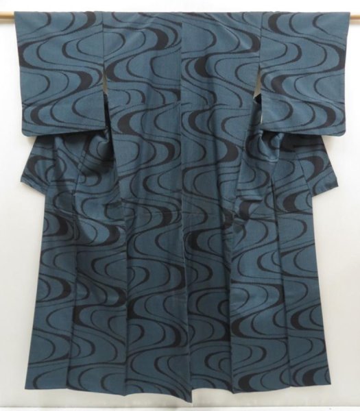 Photo1: 5810T14z650 Vintage Japanese Kimono Silk TSUMUGI Stream Steel blue (1)