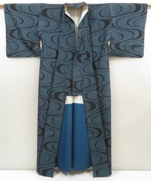 Photo8: 5810T14z650 Vintage Japanese Kimono Silk TSUMUGI Stream Steel blue (8)
