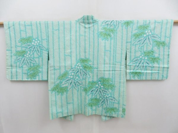 Photo1: 5814T04z540 Vintage Japanese Kimono Silk SHIBORI HAORI Bamboo Mint green (1)