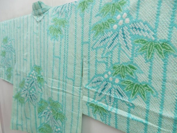 Photo2: 5814T04z540 Vintage Japanese Kimono Silk SHIBORI HAORI Bamboo Mint green (2)