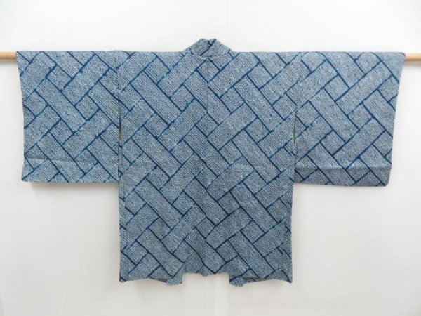 Photo1: 5814T06z410 Vintage Japanese Kimono Silk SHIBORI HAORI  Dark cyan blue (1)